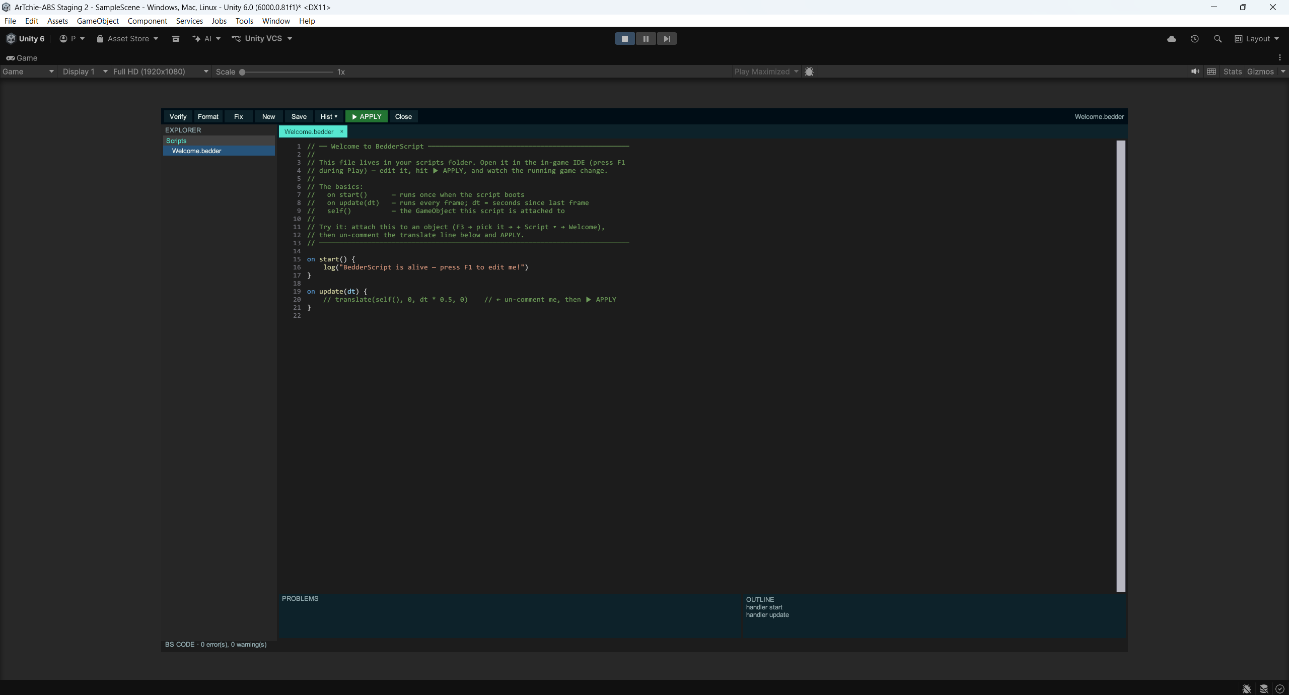 F1 — the IDE with the Welcome script