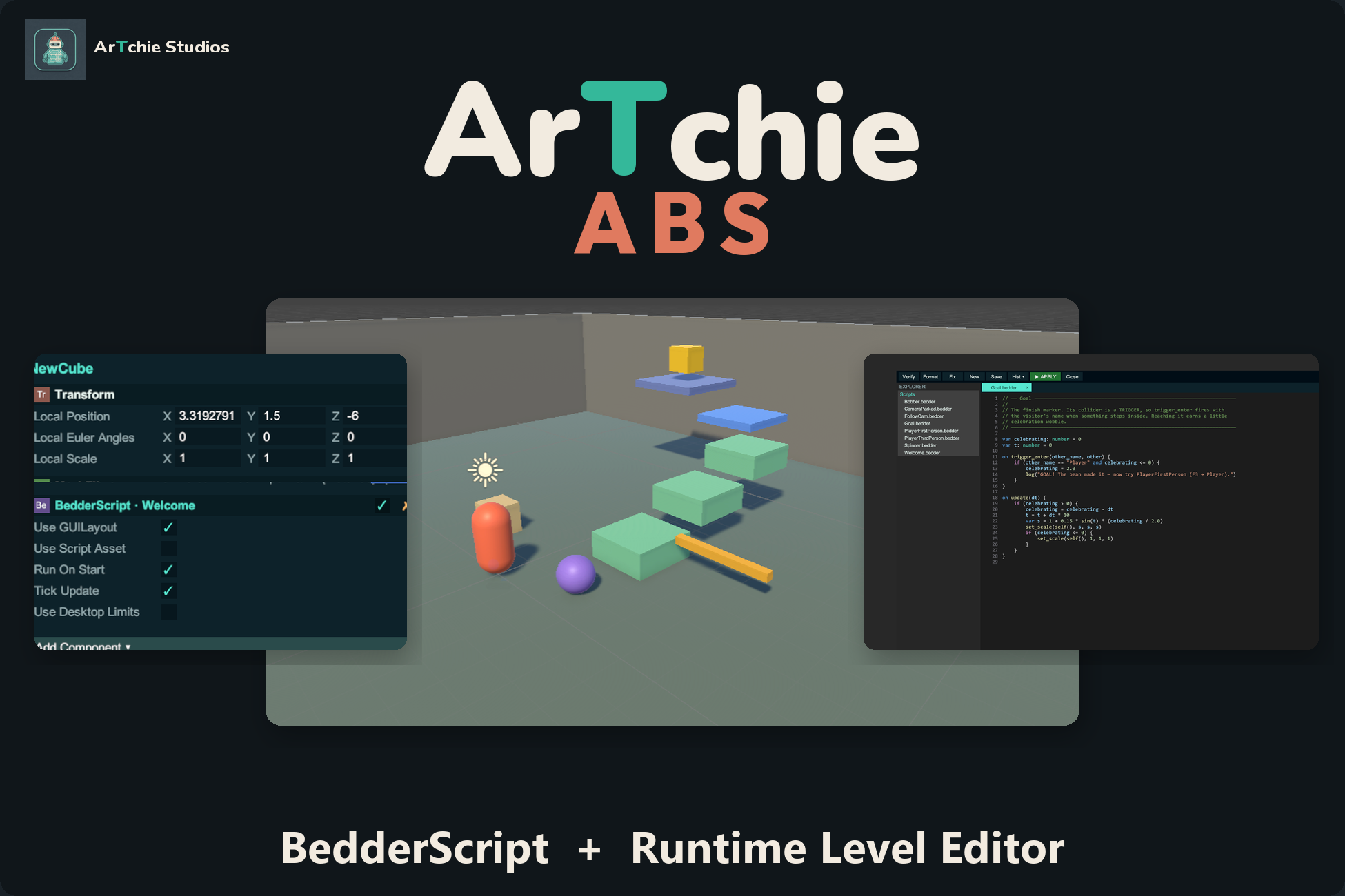 ArTchie-Bedder-Suite — the demo course with the in-game IDE and inspector open