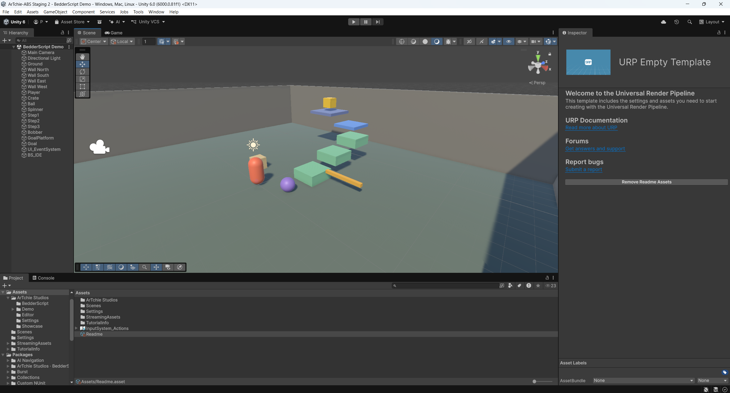 The demo course — every behaviour in the scene is a BedderScript