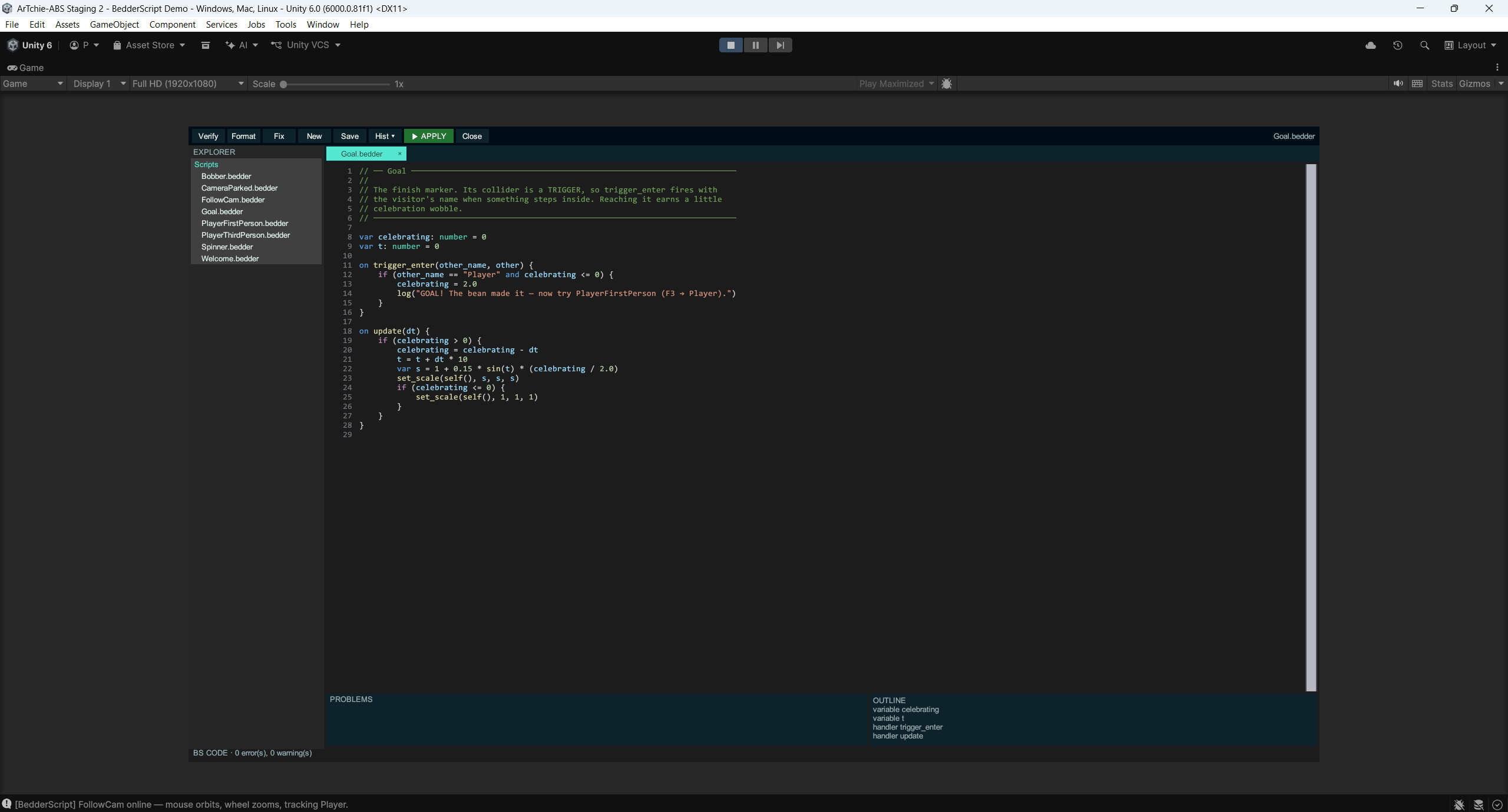 The in-game IDE (F1) editing Goal.bedder with APPLY