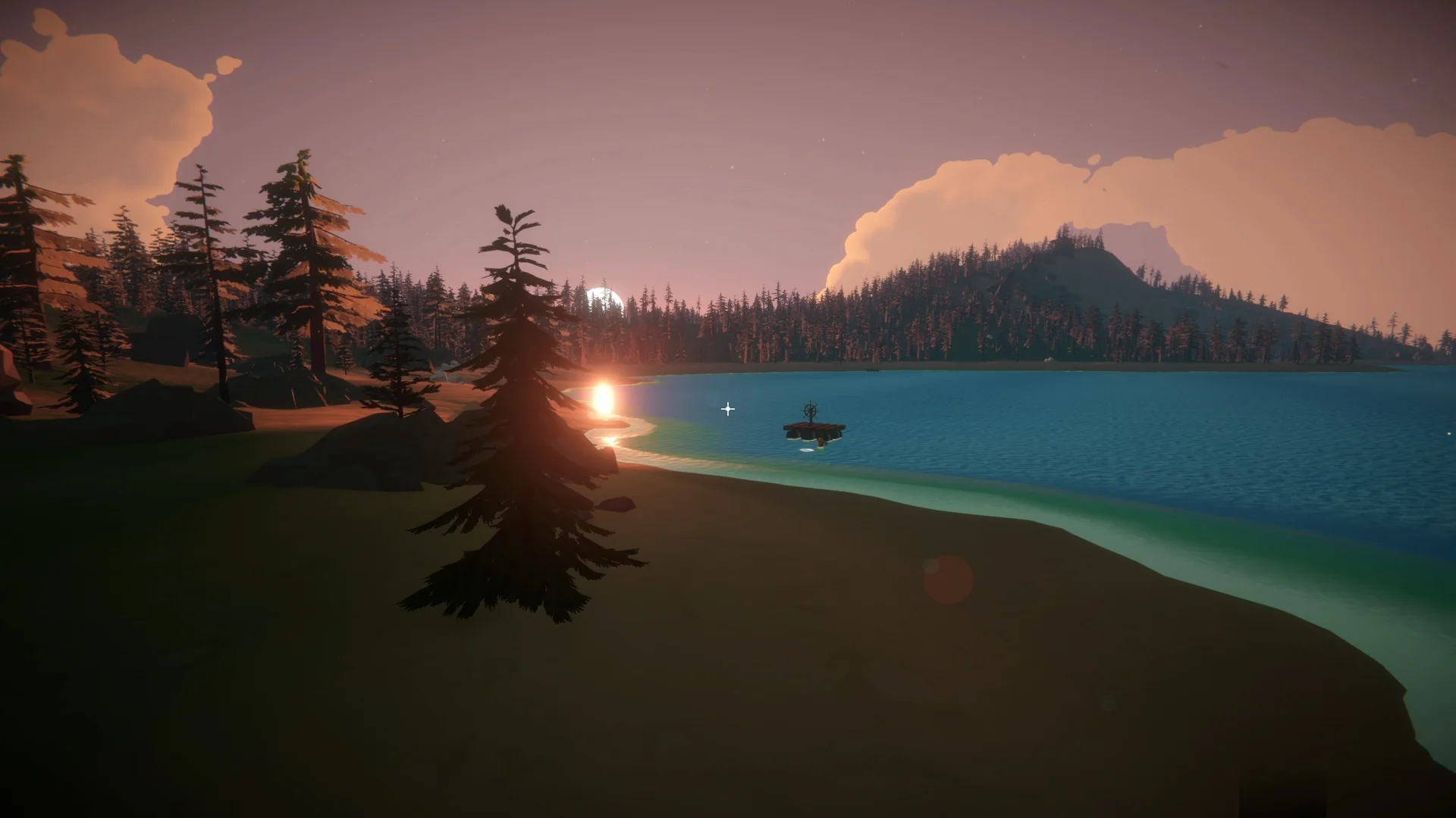 A survivor walking down a sandy beach at sunset, a raft on the water beyond the trees.
