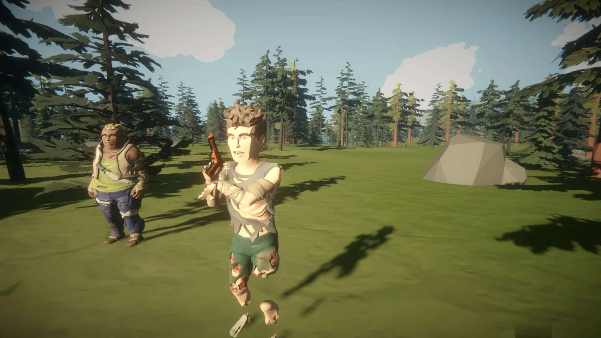 Two survivors in a sunny meadow at the forest edge, a tent behind them.