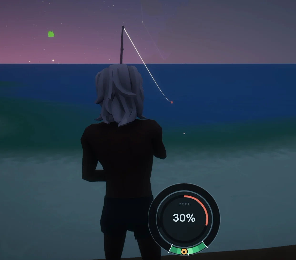 A survivor fishing off the shore at dusk, the reel ring on screen at 30%.