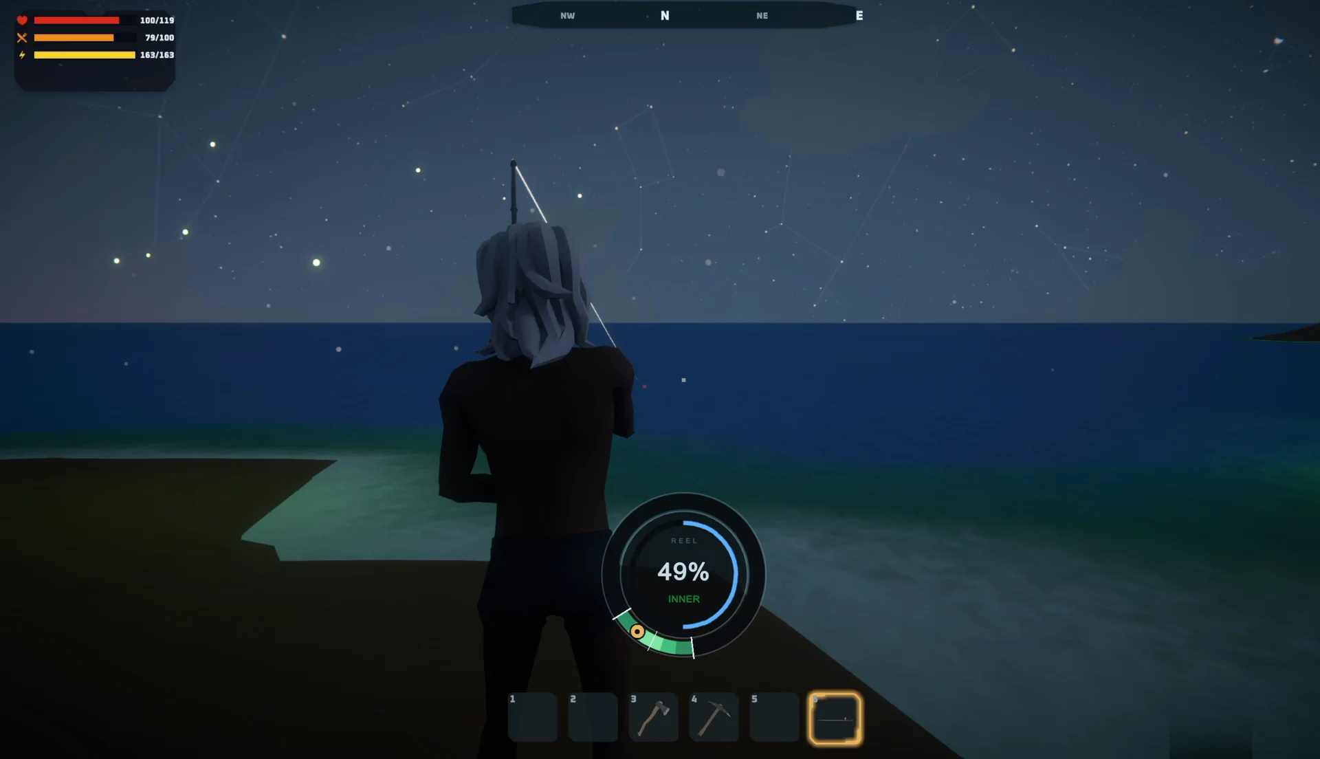 A survivor fishing under a starry sky, the reel at 49% in the inner band.