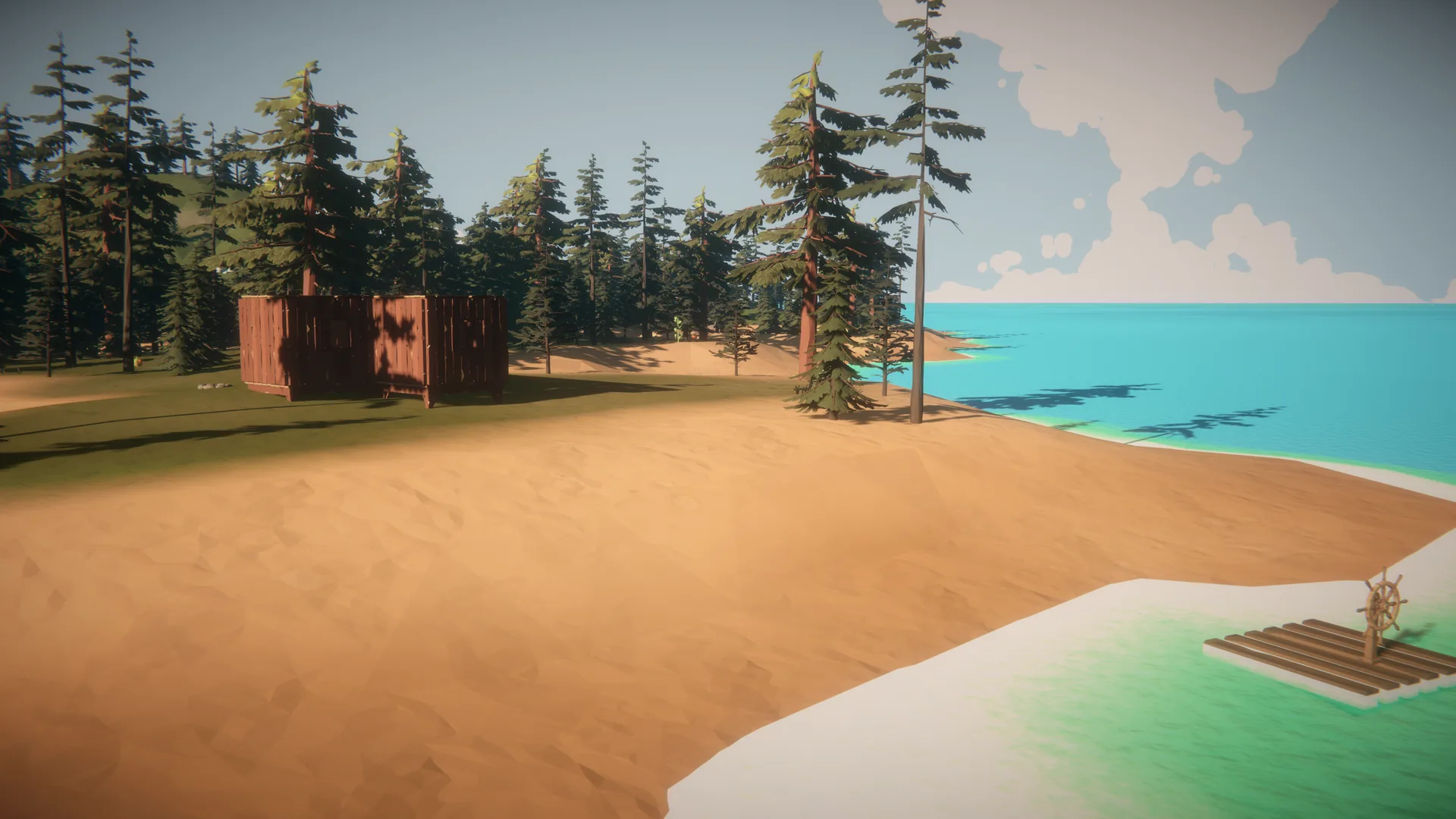 A small wooden shelter among the pines on a sandy shore, a raft pulled up on the beach below.