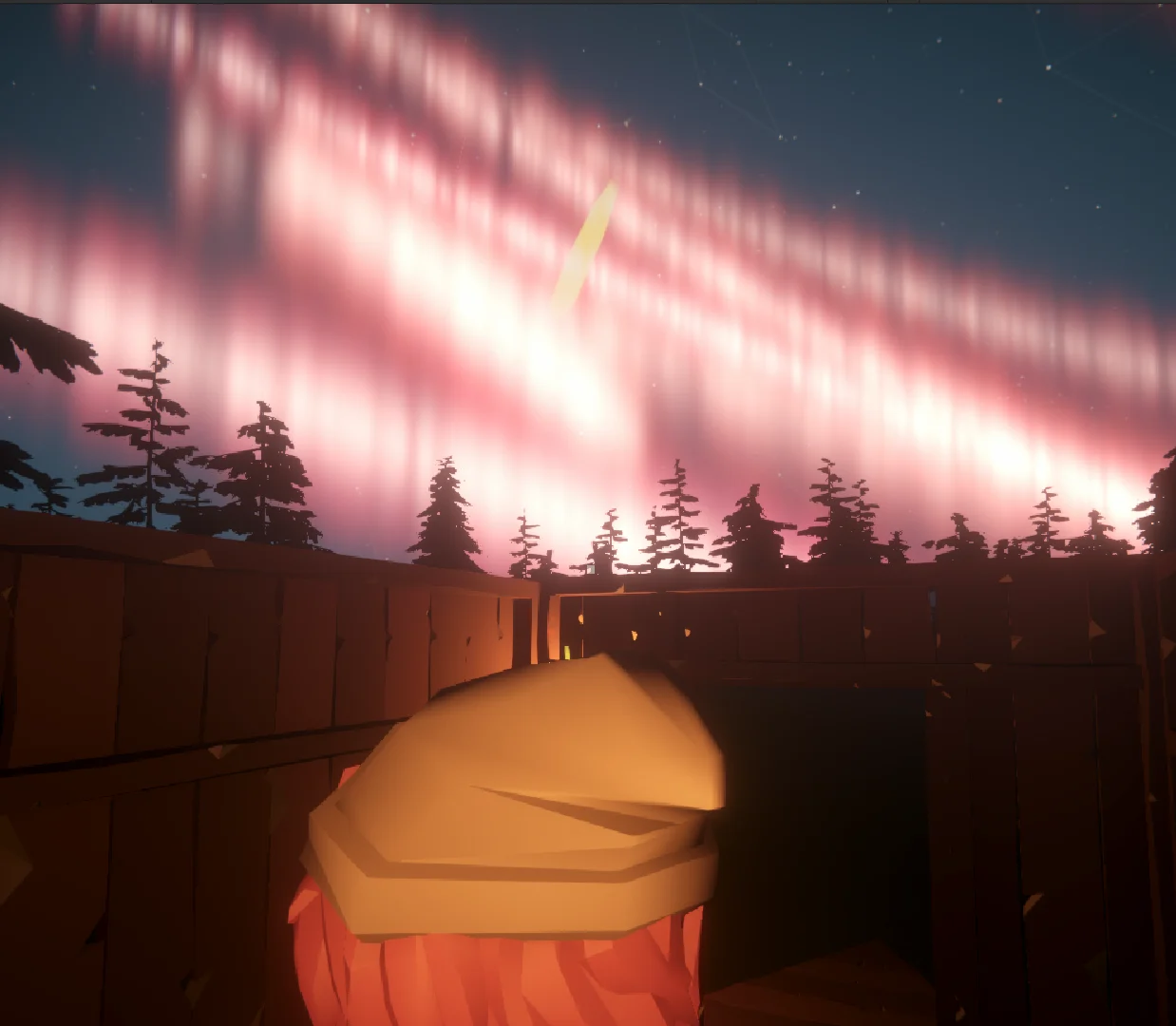 An unfinished wooden base with no roof, firelight below and the aurora overhead.