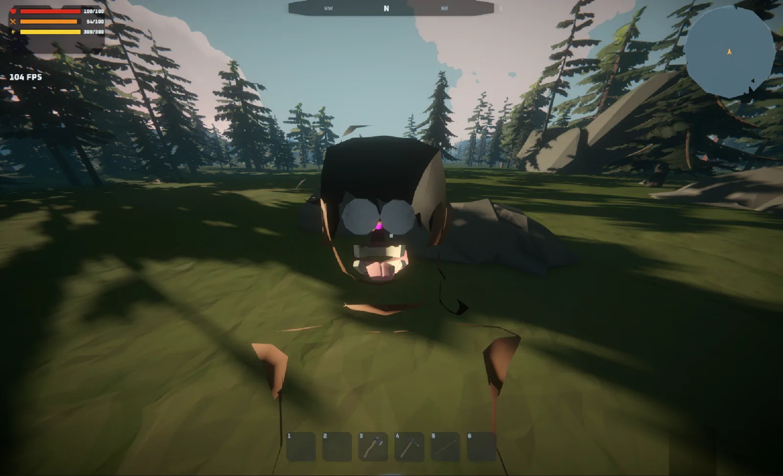 A character’s face clipping straight through the camera in a meadow.