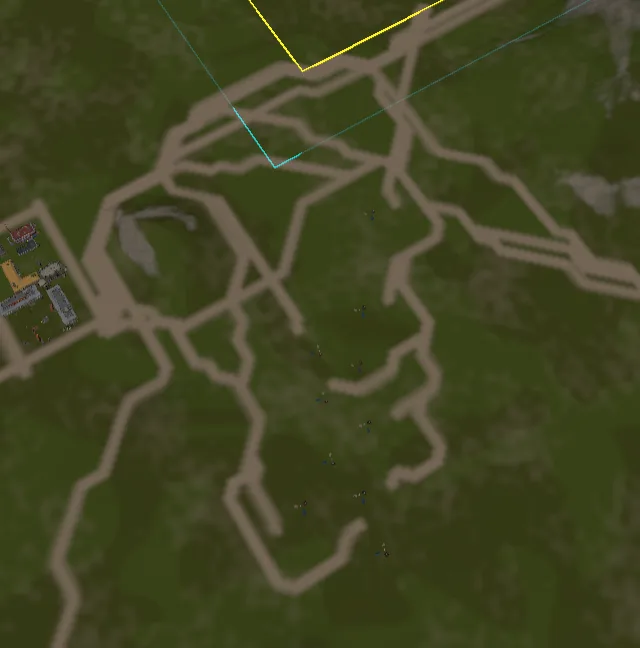 A top-down debug view of a tangled procedural road network.