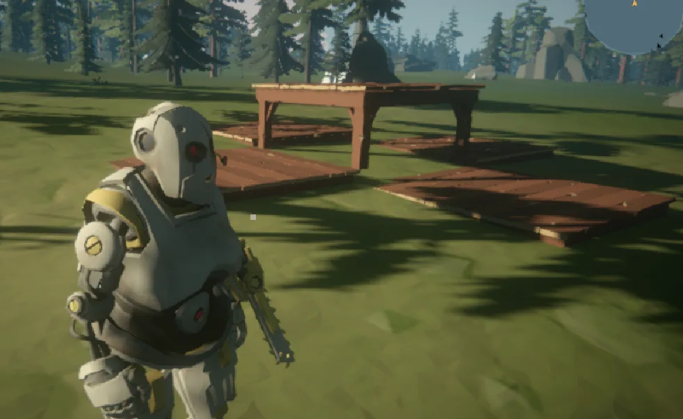 A robot survivor next to scattered floor pieces and a lone table frame.