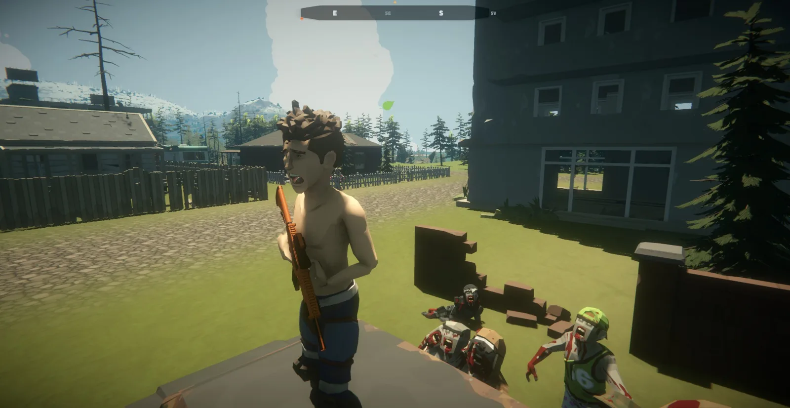 A shirtless survivor with a shotgun screams from a car roof as zombies climb toward him.