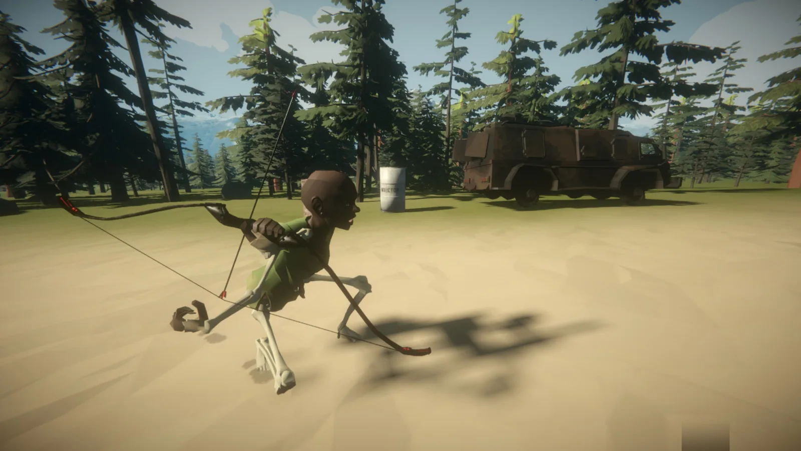 A skeleton-bodied survivor drawing a bow backwards in a forest clearing.