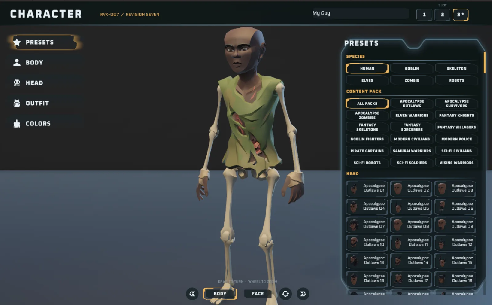 The character creator with Human selected, showing a skeleton body.