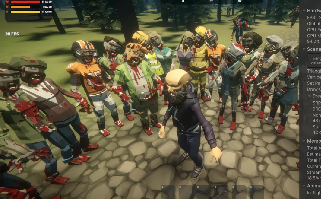 A survivor surrounded by a tight crowd of zombies during a stress test.